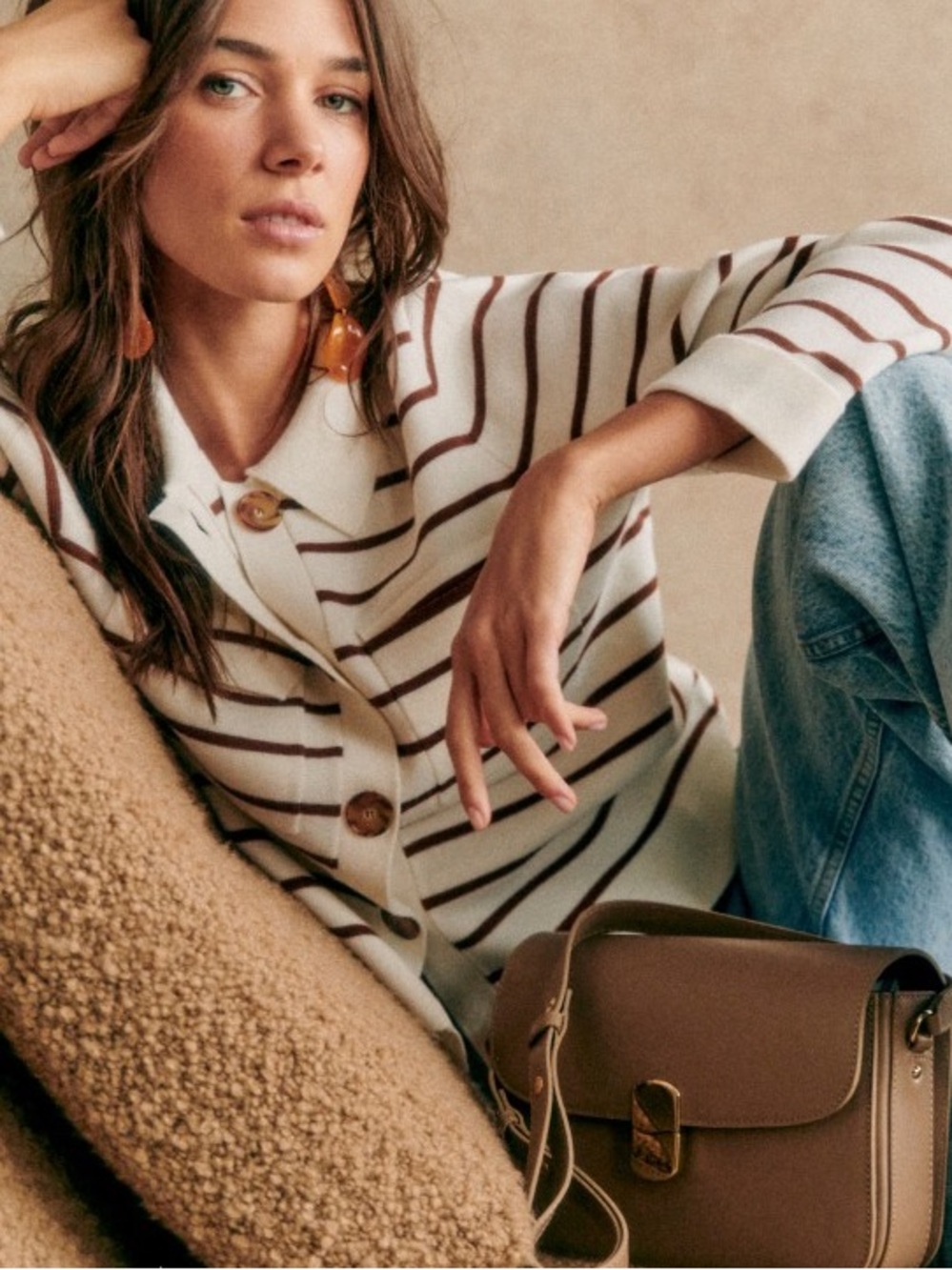 SEZANE Classic Ecru Brown Striped Fine Wool Knit Collared Betty Cardigan Sweater